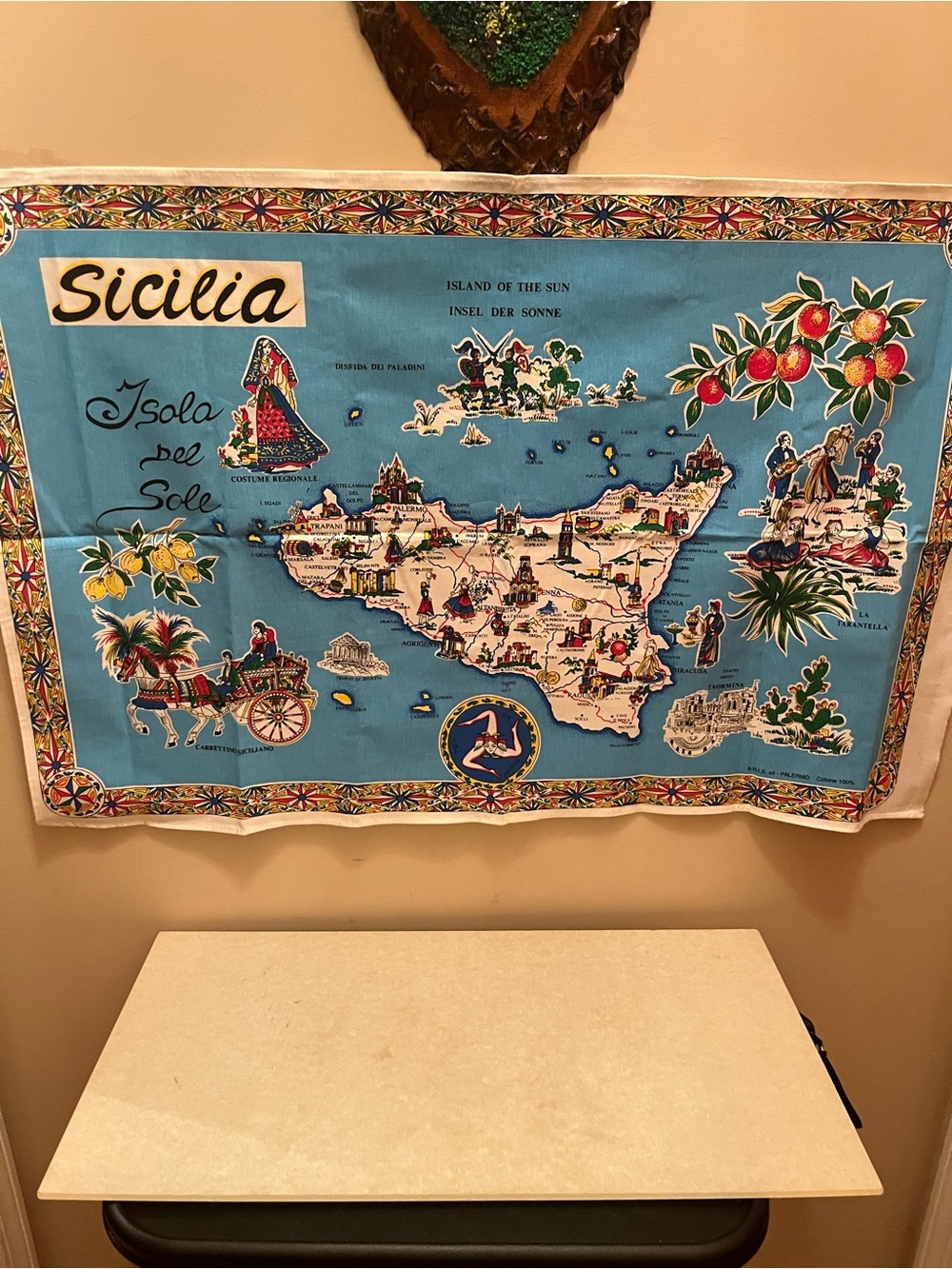 vintage souvenir tea towel or wall hanging featuring a map of Sicily